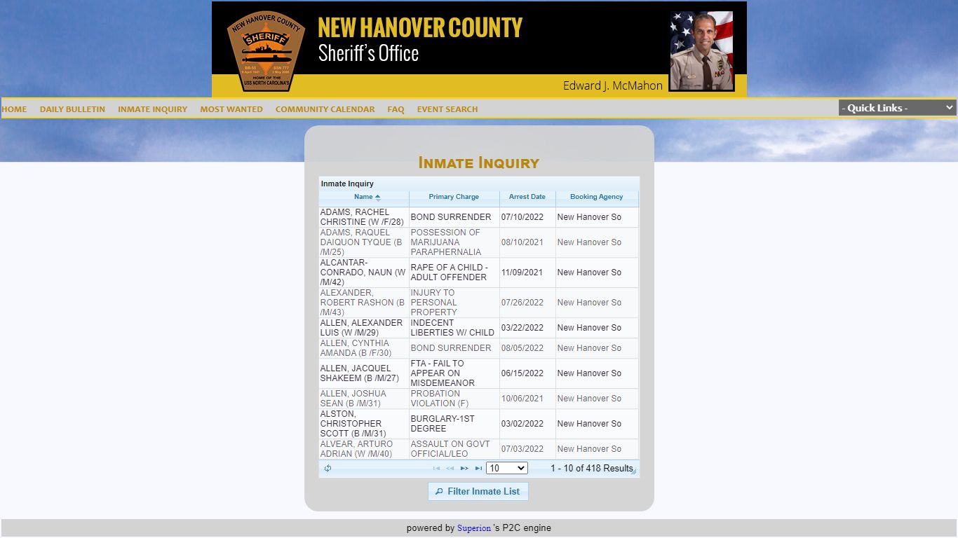 INMATE INQUIRY - New Hanover County, North Carolina